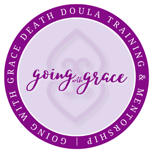 Going with Grace badge showing Nina de Cocq’s affiliation as a Certified End-of-Life Doula dedicated to offering compassionate care in Montreal and the Laurentions, Quebec.