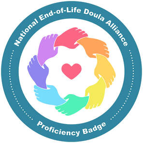 NEDA End-of-Life Doula proficiency badge showing colourful hands in a caring circle, symbolizing compassion and professional end-of-life care.