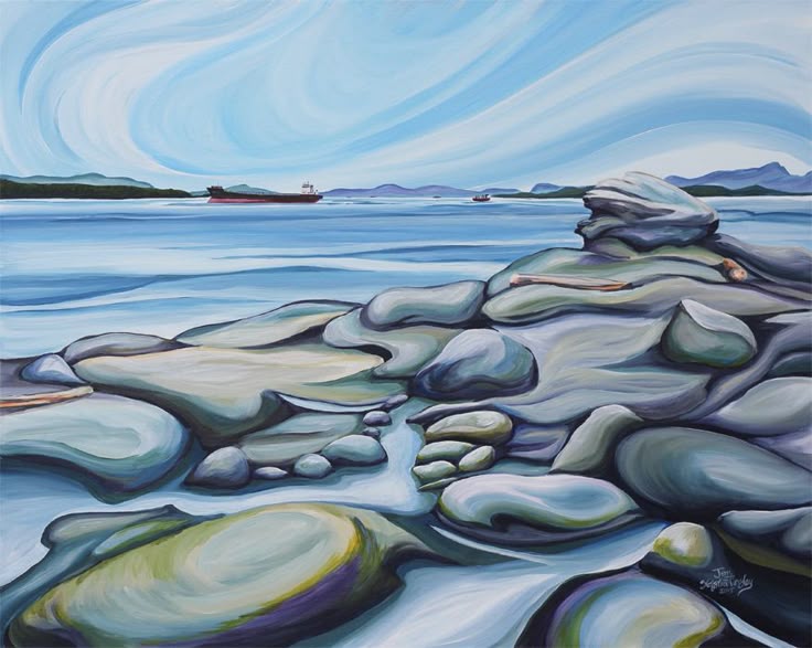 Abstract painting by Jen Tinsley of a tranquil coastal scene with smooth stones and ethereal flowing lines of water, sky, and stone, reflecting the natural, sacred flow of life, and supportive end-of-life services.