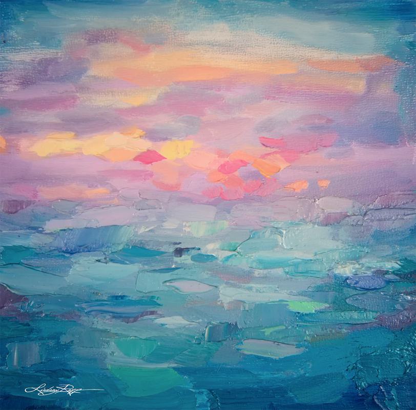 Sunset Sea by Lindsay Rapp – artwork of a tranquil sea glowing under a serene sunset, evoking calm, transition, and beauty.