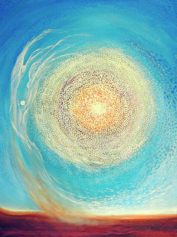 Artwork by Joyce Huntington titled For Rumi – vibrant sun in a blue sky surrounded by swirling colours, featured on the End-of-Life Doula support for Medical Assistance in Dying (MAiD).