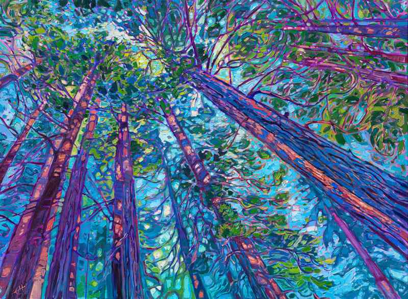 Artwork by Erin Hanson titled Muir Woods – uplifting painting of vibrant trees reaching toward the sky, featured on the End-of-Life Doula support page for Medical Aid in Dying.