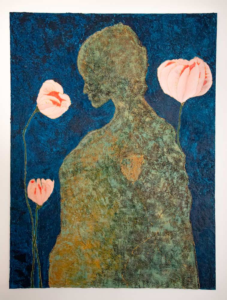 Artwork by Christine Morin depicting the silhouette of a woman with 3 flowers in different stages of life, symbolizing dignity, beauty, and compassionate end-of-life support.