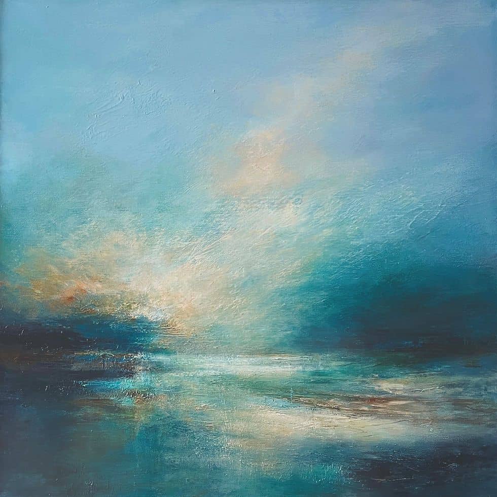A tranquil blue abstract seascape painting, reflecting peace, clarity, and compassionate end-of-life doula support and soothing palliative care.