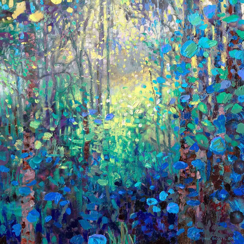 Cicada by Iris Scott – luminous forest artwork with lush blue foliage, evoking vibrancy, mystery, and natural beauty.