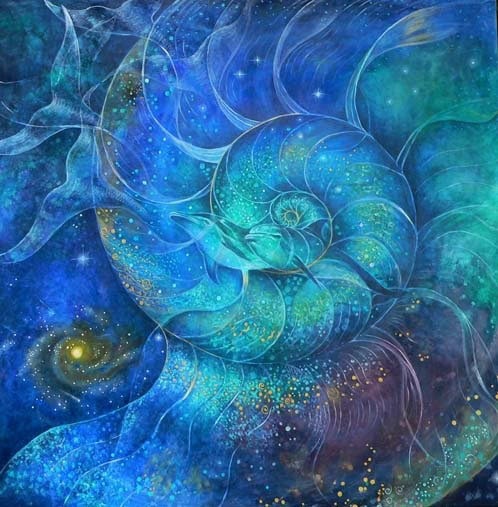 Cosmic spiral interwoven with marine life forms, featured on the EOLD support page to evoke wonder, flow, and the mystery of life’s journey.