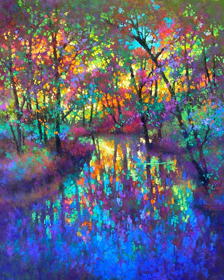 Painting of a vibrant forest with a winding river, reflecting colourful hues.